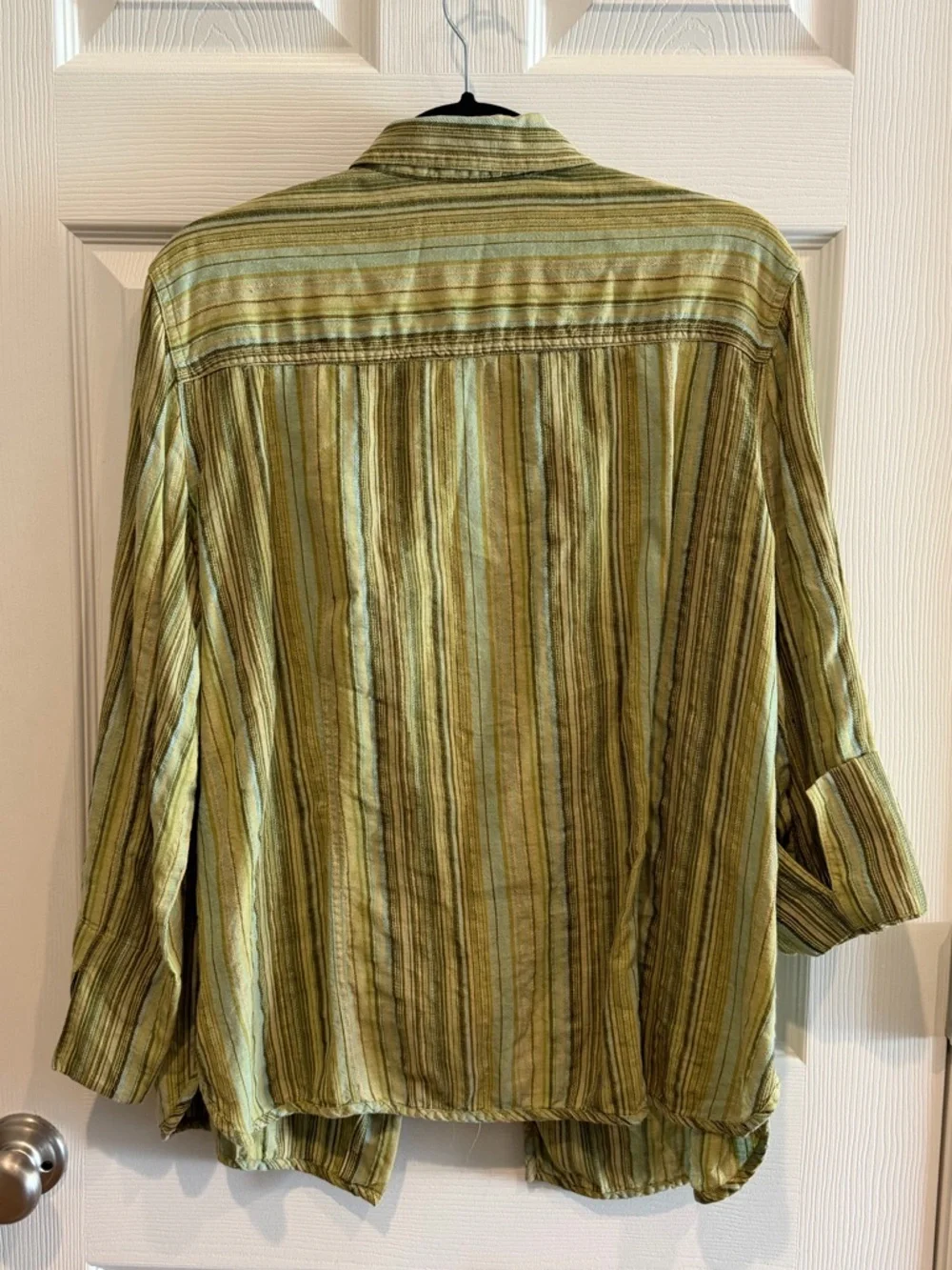 100% Linen Valerie Stevens Olive and Tan Striped Button-Down Shirt - Picture 6 of 6